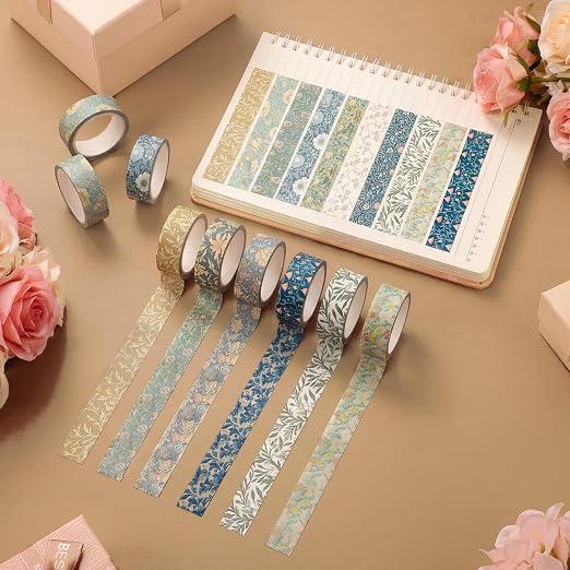12 Rolls Watercolor Floral Washi Tape Set 15 mm Vintage Flower Decorative Masking Tape for Summer School Arts DIY Craft Scrapbook Journal Supplies Gifts(Earthy Tones,William Morris)