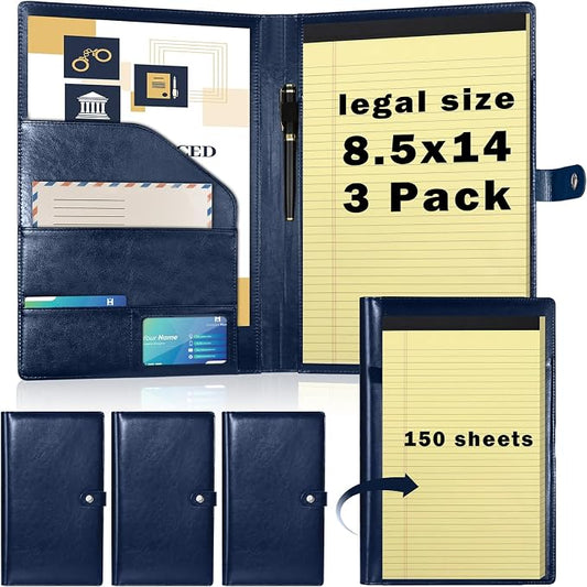 SHIQIKEJIPTY 3Pack Legal Size Portfolio Padfolio PU Leather with 8.5 x 14 inch Tearable Legal Pad Holder 150 Sheets Leather Portfolio Folder Binder for Interview Attorneys Business Blue