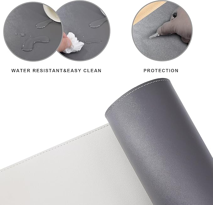 Chihein L-Shaped PU Leather Desk Pad (41.3” + 41.3”) x 12.99”(Gray/White), Reversible Gaming Corner Desk Mat, Computer Office Mouse Pad for Home Office