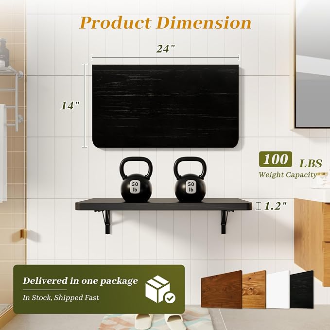Dogsky Floating Wall Desk, 24" x 14" Wall Mounted Folding Table, Pine Wood Fold Down Wall Table, 100 lb Capacity Wall Mount Desk for Small Apartment, Laundry Room,Kitchen,Bar & Computer Use, Black