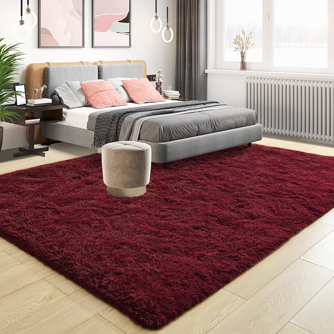 Tepook Fluffy Burgundy Rugs for Living Room, 9x12 Dark Red Area Rug for Bedroom, Soft Shaggy Plush Floor Carpet for Kids Girls Boys Room, Indoor Non Slip and Washable Carpets for Nursery Home Decor