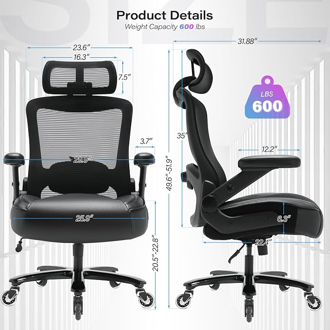 600lbs Big and Tall Office Chair- Heavy Duty Executive Computer Chair with 3D Flip Arms Large Wheels, Ergonomic Mesh High Back Desk Chair, Extra Wide Seat Adjustable Lumbar Support&Headrest