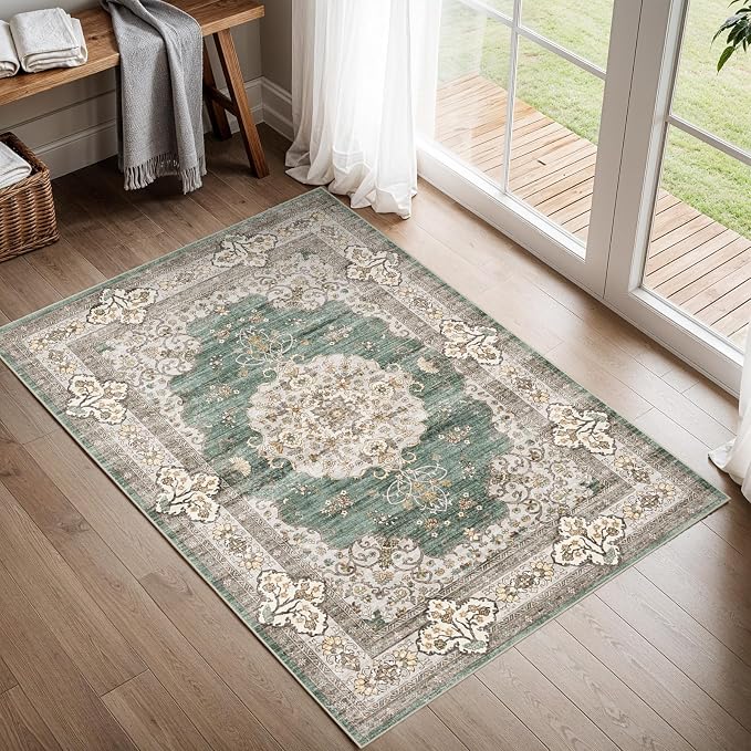 2x3 Washable Small Rug for Entryway: Indoor Vintage Oriental Area Rugs Stain Resistant Door Mat with Non Slip Backing Low Pile Thin Carpet for Bathroom (2x3 Green/Beige)