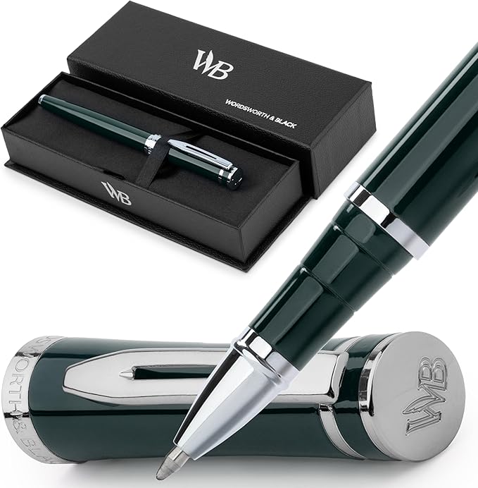 Wordsworth and Black Rollerball Pen - Luxury Pen - Chrome Finish, Green Lacquer, Ink Refill, Refillable, Gift for Men & Women, Professional Writing, Nice and Fancy Pens and for Work