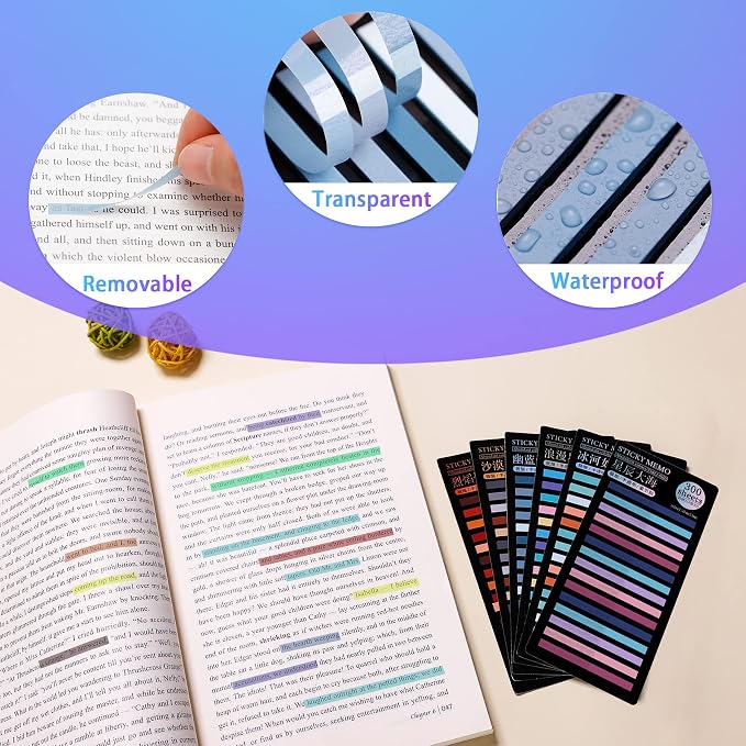 HAUTOCO 1800PCS Transparent Highlighter Tape, Removable Highlighter Strips Sticky Notes Tabs for Annotating Books, Morandi Clear Sticky Page Markers Tabs for Office School Aesthetic Study Supplies
