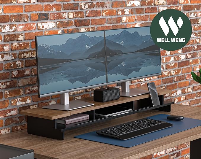 42.5” Dual Monitor Stand Desk Shelf with Phone Tablet Holder | Monitor Riser for 55-72 Inch Desk Cozy Computer Setup Workplace Organizer Keyboard Storage Compact Ergonomic Black