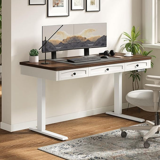 ONBRILL Standing Desk with 3 Drawers, 55 x 24 Inch Electric Height Adjustable Desk with Storage & Outlets, for Computer Workstation, Home Office, Retro Curved Table Corner & Drawers, Walnut