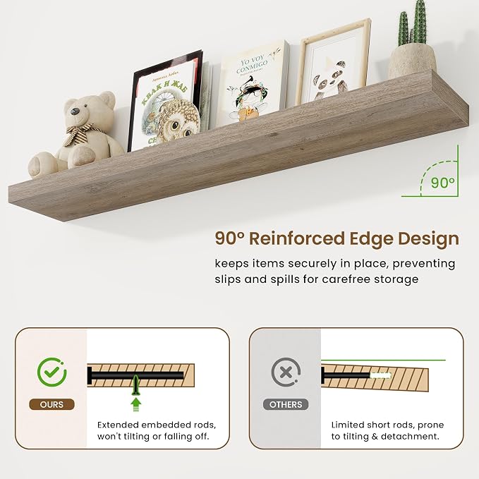 55in Floating Shelves for Wall, 55"W x 9.25"D x 1.5"H, Long Wall Mounted Engineered Wood Shelves with Invisible Brackets for Living Room, Bedroom, Bathroom, Kitchen Decor and Storage, Grey
