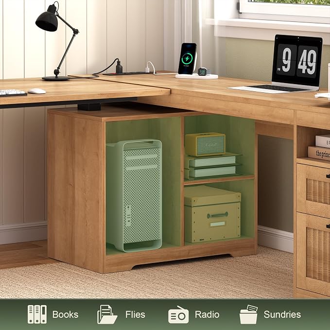 YOMILUVE 66 inch Fluted L Shaped Standing Desk with Storage for Home Office | Corner Electric Standing Desk with Drawers ＆ Storage Shelves, Height Adjustable Computer Desk with Power Outlets, Oak