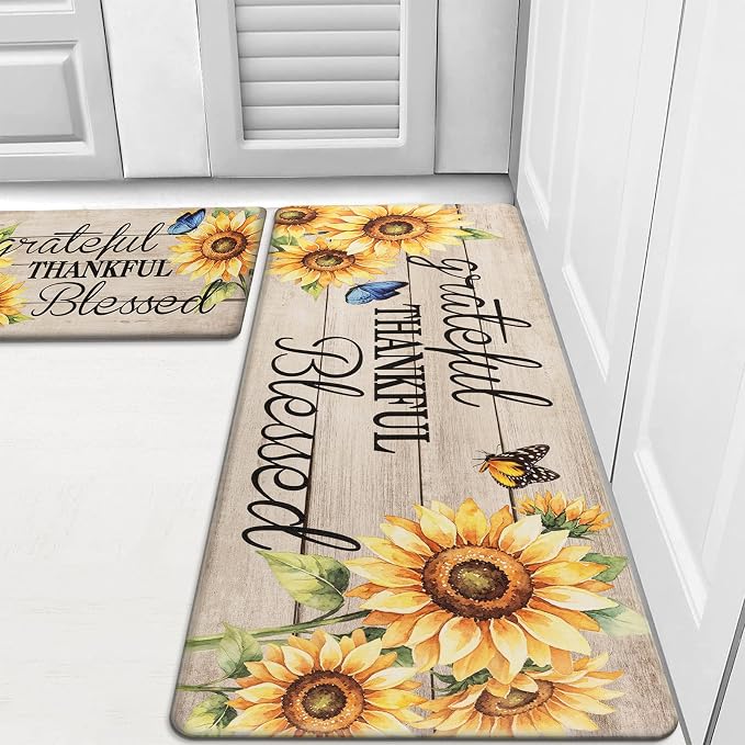 HEBE Fall Kitchen Mat Set of 2, Anti Fatigue Kitchen Mats for Floor | Cushioned Non Slip Autumn Kitchen Rugs and Runner Set, Waterproof Sunflower Floor Carpet for Harvest Thanksgiving