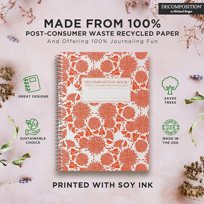 Decomposition Sunflowers College Ruled Spiral Notebook - 9.75 x 7.5 Journal with 160 Lined Pages - 100% Recycled Paper - Cute Notebooks for School Supplies, Home & Office - Made in USA