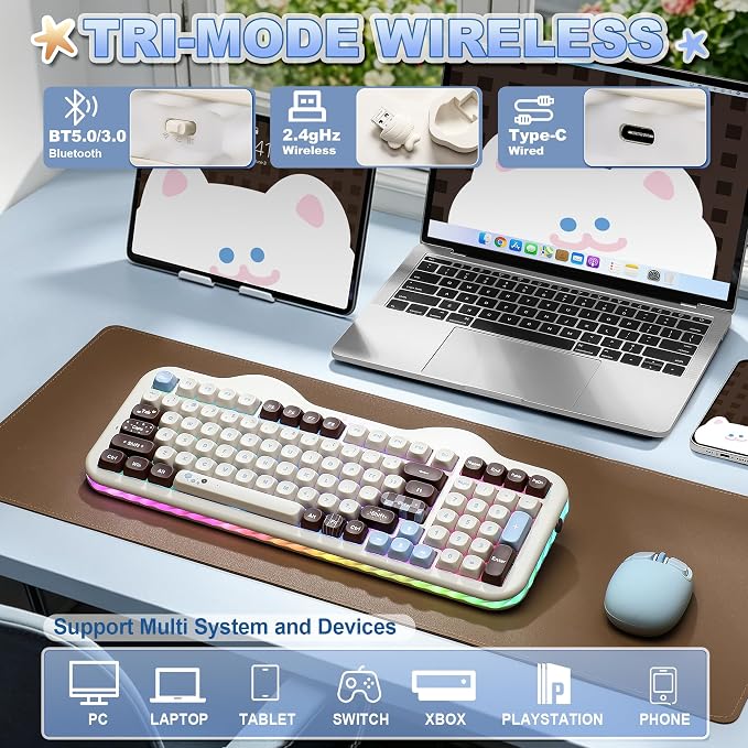 YUNZII C98 Wireless Mechanical Keyboard with Number Pad,98 Key BT5.0/2.4G/USB-C Hot Swap Gasket Mount with PBT MOA Keycaps,Custom RGB,Cute Cake Keyboard for Win/Mac (Choco, Candy Linear Switch)