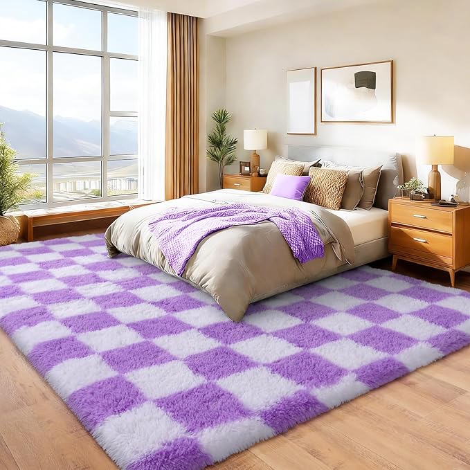 Area Rugs for Living Room 9x12, Ultra Fluffy Shag Checkered Rug Modern Washable Carpet Soft Shaggy Non Slip Indoor Plush Fuzzy Rugs for Bedroom Dorm Office Home Aesthetic Decor, White and Purple
