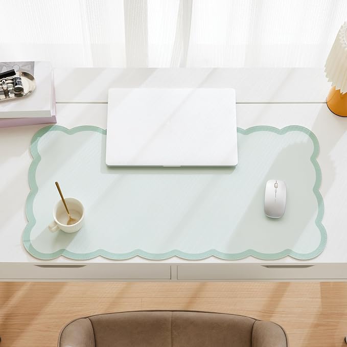 Scalloped Desk Mat, 31.5" x 15.7" Large Cute Aesthetic Desk Accessories, PU Leather Computer Laptop Desk Mouse Keyboard Pad, Desk Writing Mat for Vanity/Work/Home Decor (Sage, 31.5" x 15.7")