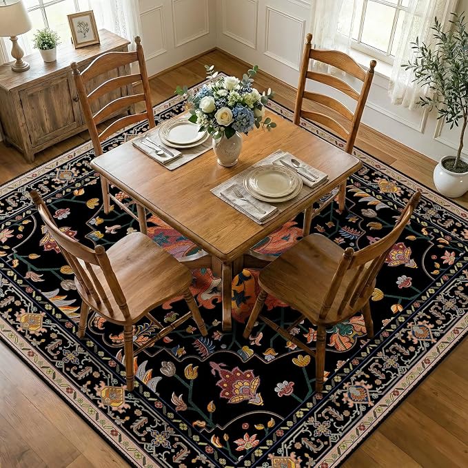 RELEANY Area Rugs Square 7ft Washable Non-Slip, Floral Vintage Distress Medallion Carpet for Living Room Bedroom Dining Room, Black Colorful Floral Dark Tan