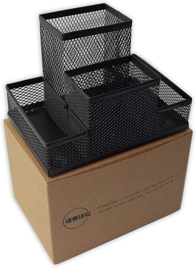 Fengtaiyuan T01, Black Metal Wire Mesh Pencil Holder, Desktop Organizer