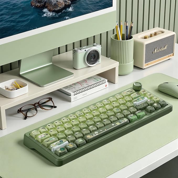 dagaladoo Cute Frog Keyboard keycaps Ceramic Style,Matcha Green moa keycap Set,dye Sublimation PBT Keyboard caps,128-keys keycap for Cherry Gateron MX Switches Mechanical Keyboards