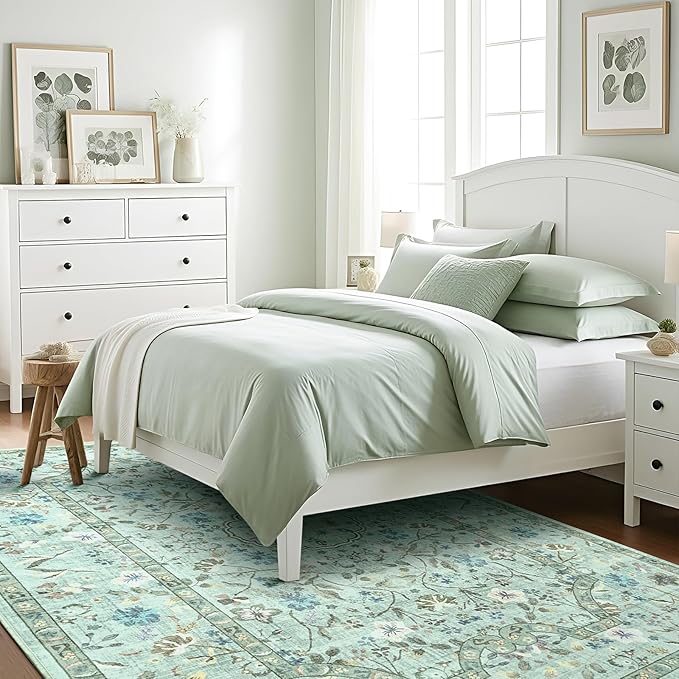 Vasofe 3x5 Area Rug for Bedroom, Washable Rugs for Living Room, Laundry, Kitchen, Vintage Floral Indoor Non Slip Carpet Farmhouse Green Throw Carpets Soft Low Pile Mat for Dorm Bedside Entryway Office