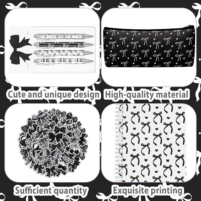 Sayglossy Black Bow Stationery Gift Coquette School Supplies Set Include Pens Aesthetic Journal Notebook Pencil Case and Stickers Preppy Back to School Supplies for Girl Students
