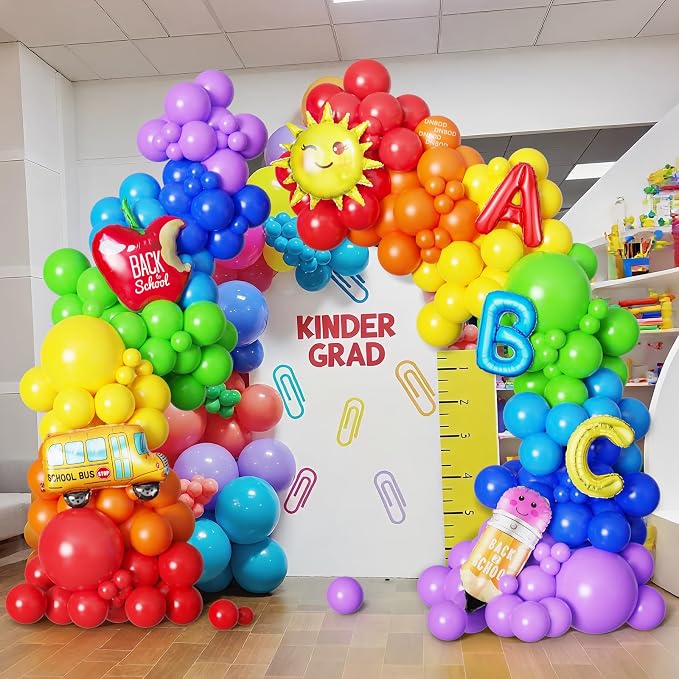 Welcome Back To School Balloon Arch Kit,158Pcs Rainbow Balloon Garland with Sun,Apple,School Bus,Pencil,ABC Foil Balloons for Kindergarten Graduation First Day of School Classroom Party Decorations