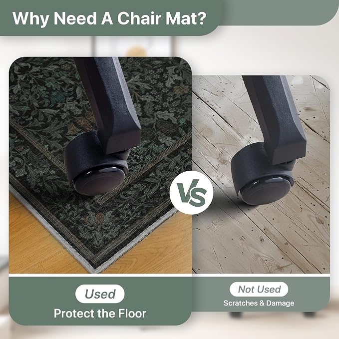 48"x72" Office Chair Mat for Hardwood Tile Floor, Under Desk Carpet Protector for Rolling Computer Chair Mat, Machine Washable Area Rug, Anti-Slip 1/5" Thick Low Pile Thin Vinyl Floor Mat, Dark Green