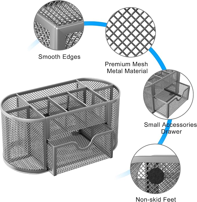 EasyPAG Mesh Pen Holder Desk Organizer with Drawer Stationery Supplies Organizer for Dorm School 9 Compartments Workspace Desk Accessories Organization for Office, Silver