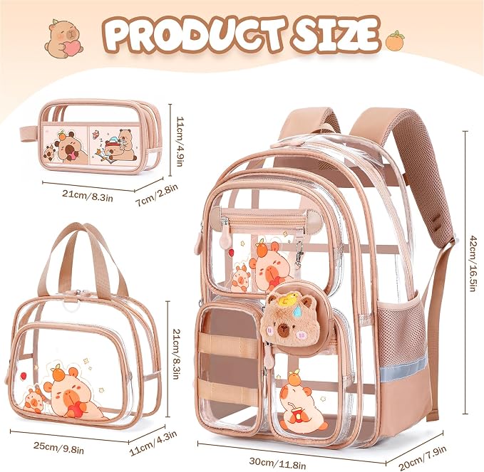 Capybara Theme Clear Backpack,Heavy Duty Transparent Backpack for Girls with Lunch Box Pencil Case,See Through Bookbag for Kids Teens Elementary Middle High School Stadium Approved
