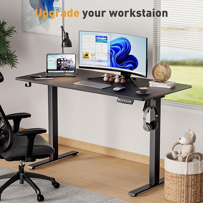 55x24 in Electric Standing Desk,Adjustable Height with Wheels,Black | Spliced Desktop,27.9"–46.8" Height Range,4 Memory Presets,Lockable Wheels,Headphone Hook,Sit Stand Desk,Home Office