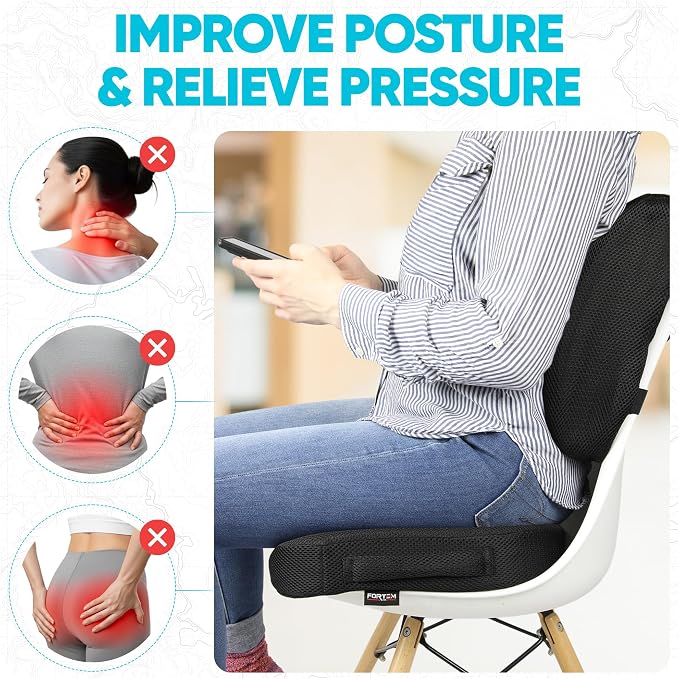 FORTEM Seat Cushion, Office Chair Cushion, Lumbar Support Pillow for Office Chair, Memory Foam Car Seat Cushions, Sciatica Coccyx Tailbone Pain Relief, Cushions for Back Support, Washable, Non Slip