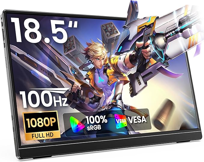 Anyuse 18.5 Inch Portable Monitor 100Hz FHD 1080P IPS Display with Integrated Stand Dual Speakers USB-C HDMI External Screen for Laptop PC Phone Gaming Console Travel Display