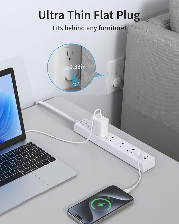 HOPOW Flat Plug Power Strip, 6 Ft Ultra Thin Flat Extension Cord, Surge Protector with 5 Outlets & 3 USB Ports (2 USB C), 1700 Joules, Wall Mount, Desktop Charging Station for Home Office Dorm, White