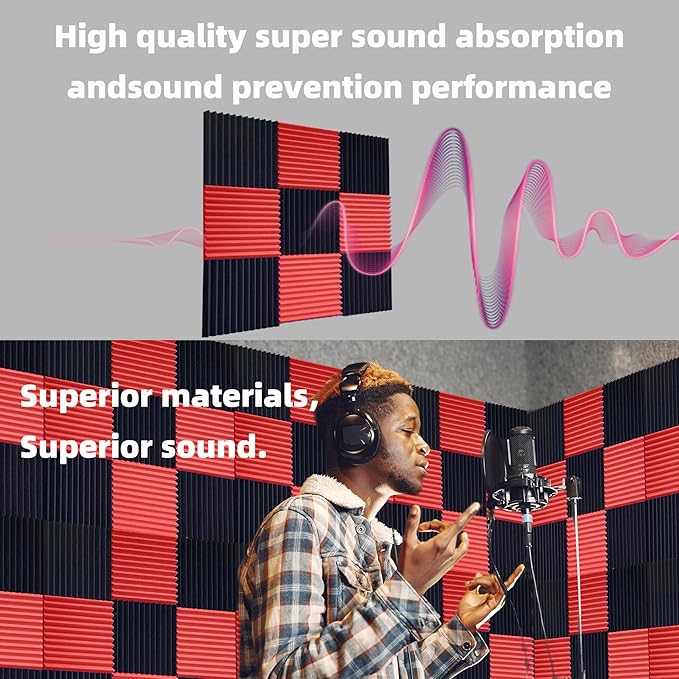 56 Pack Acoustic Foam Panels |1 "x12 "x12" Rapid Recovery Acoustic Wall Panels |High Density Sound Reducing Panels for Home Studio |With Adhesive Stickers 280PCS (28 Black+28 Red)