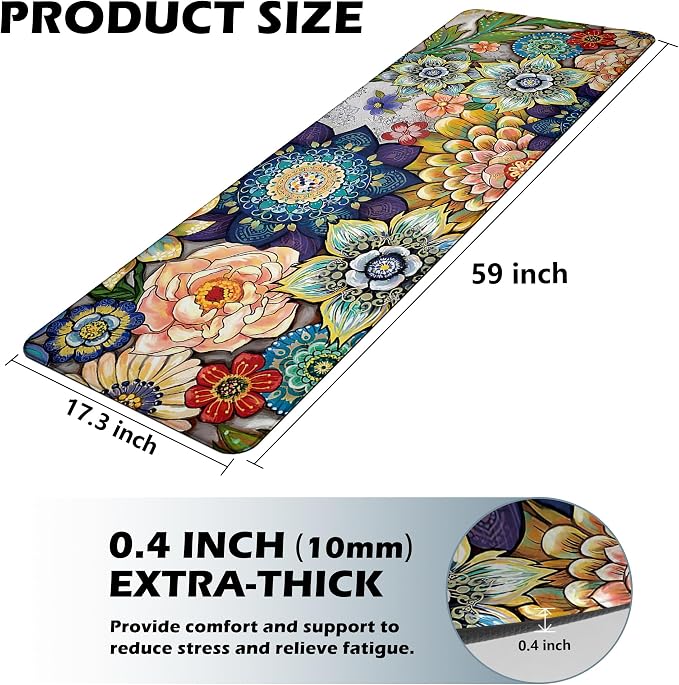 Floral Long Kitchen Runner Rug for Floor, Boho Cushioned Anti-Fatigue, Non-Slip Standing Desk, Waterproof Comfort Mat for Sink, Office, Laundry, 17.3x59 Inch