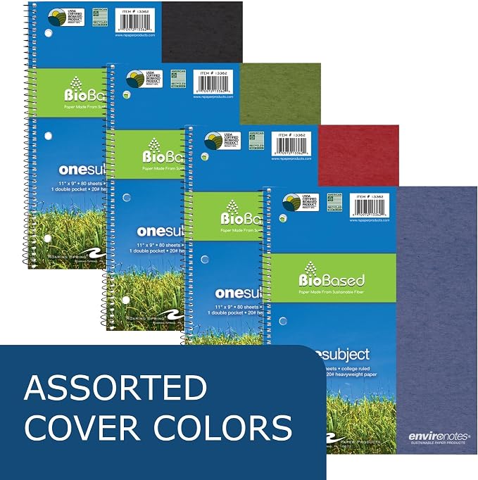 ROARING SPRING Environotes College Ruled Spiral Notebook, 1 Subject Recycled School Notebook with Storage Pocket, 24 Pack, 11" x 9", 80 Perforated Sheets 20 lb Paper, 3 Hole Punched, Made in USA