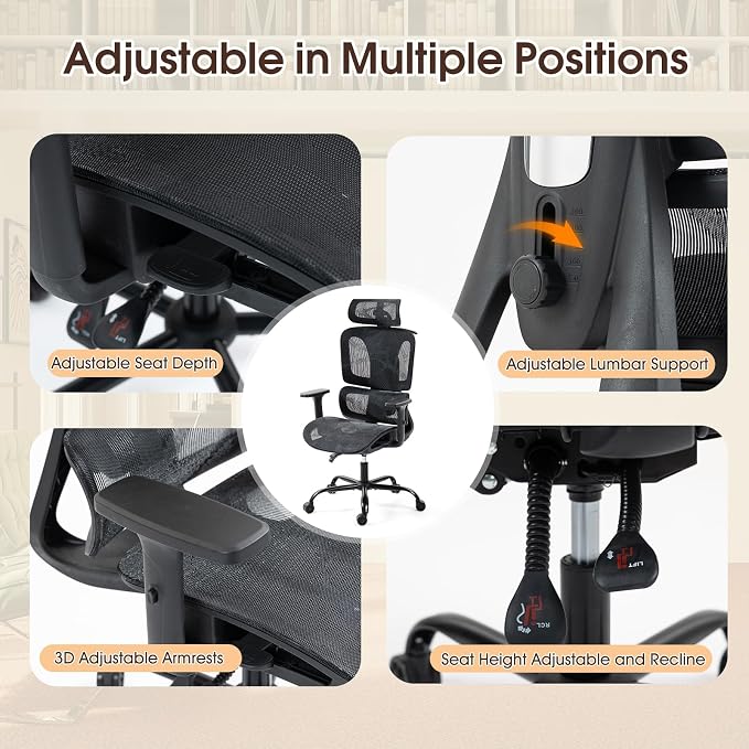 Black Ergonomic High Back Mesh Office Chair | Adjustable Lumbar, 3D Armrests, Headrest, 135° Recline, Large Steel Base, Swivel, for Home Office