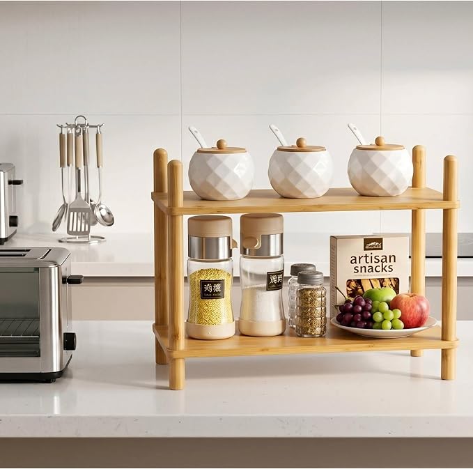 2-Tier Bamboo Coffee Bar Organizer,Coffee Bar Accessories, Mul-tifunctional Wooden Beaded Coffee Station Countertop Stand Shelf for Kitchen Home Office,Counter Riser Display Shelf for Top of Desk Home