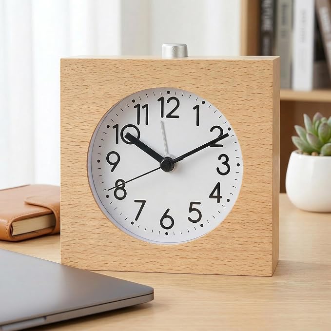 Wooden Alarm Clock Silent Battery Operated with Night Light Snooze | Non-Ticking Wood Body for Heavy Sleepers Bedroom Bedside Yellow