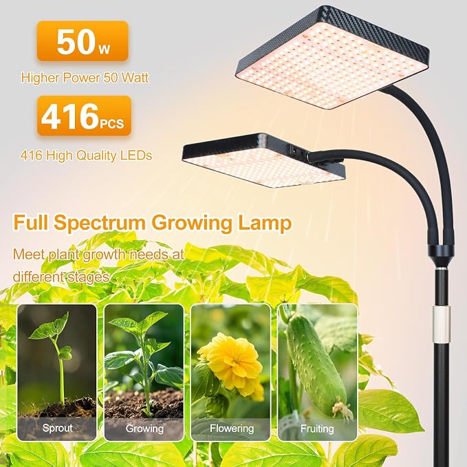 FECiDA 2026 2Head Floor Grow Light, Standing Grow Light with Stable Round Base for Tall and Big Houseplant, Bonsai Tree, Monstera, 4/8/12/16/20 Hr Timer, 50 Watt Power Draw, 40"-76" Height Adjustable