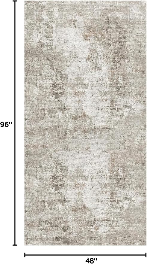 4x8 Washable Area Rug – Non-Slip Rubber Backed Indoor Rug for Entryway, Kitchen, Hallway | Modern Abstract Neutral Low Pile Thin Floor Mat for Bedroom, Living Room, Office (Beige/Grey)