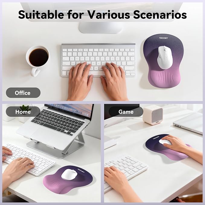 TECKNET Ergonomic Mouse Pad with Wrist Rest, Memory Foam Mousepad with Wrist Support, Smooth Surface, Middle Concave & Non-Slip Base for Laptop/PC, Pain Relief for Home Office Gaming, Gradient Purple