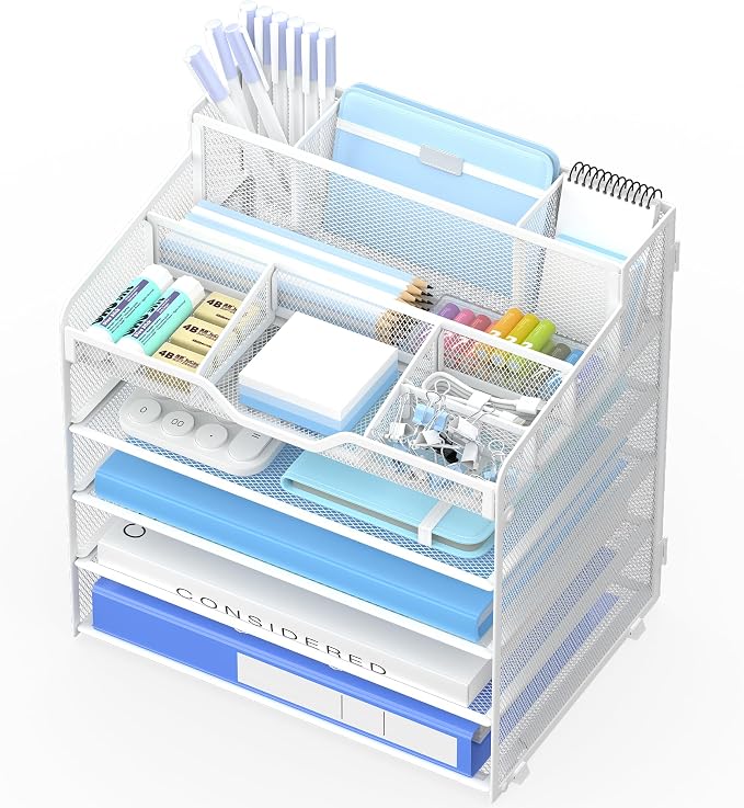 5 Tier Mesh Paper Desk Organizer with Pen Holders, White | Features 3 pen holders, and 5 adjustable compartments for office school home desk storage