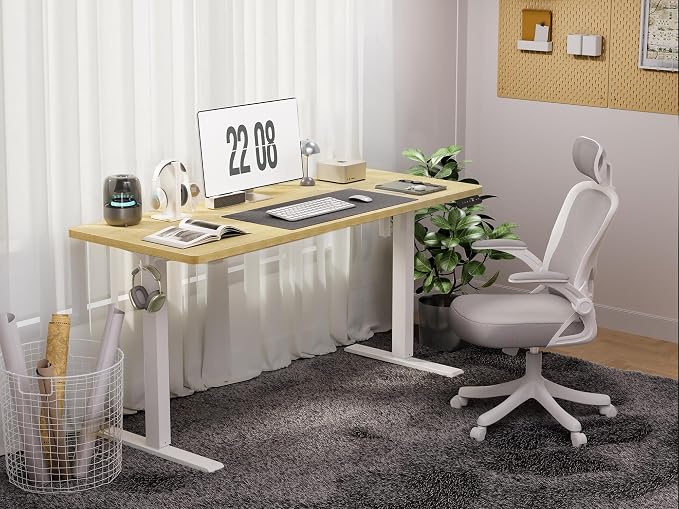 WALKINGDESK 48x24 Inches Height Adjustable Electric Standing Desk with 2 Hooks for Home Office, Ergonomic Sit Stand up Desk with Splice Board, Oak