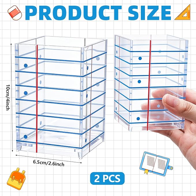 2Pcs Back to School Clear Acrylic Pen Holder with Blue Line, Pencil Holder for Desk Makeup Brush Holder for Teacher Students Home Office Classroom, 2.6x 2.6x 4 inches