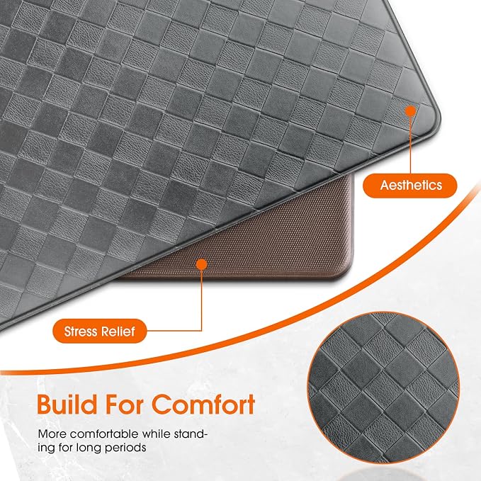TranquilRelax Kitchen Mats, 2PCS Kitchen Rugs, Cushioned Anti Fatigue Kitchen Mats for Floor, Non-Slip Standing Sink Mat, Waterproof Kitchen Rug Set for Kitchen Floor Office,17.3"×30"+17.3"×47" Grey