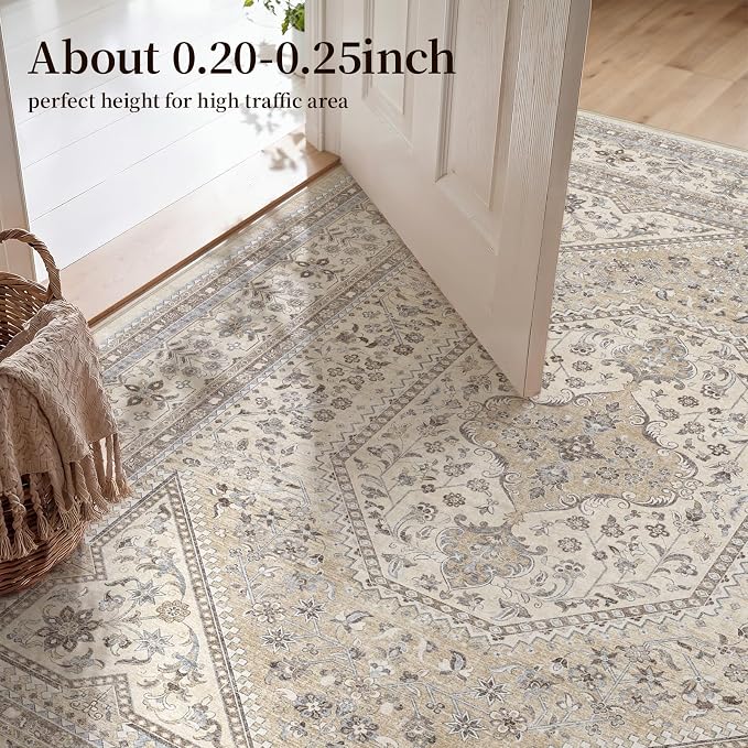 Puino 12x12 Square Area Rug - Washable Oriental Large Rugs for Living Room Soft Non-Slip Backing Indoor Carpet for Bedroom Low Pile Stain Resistant Floor Mat for Dinning Room Home Decor Beige/Gray