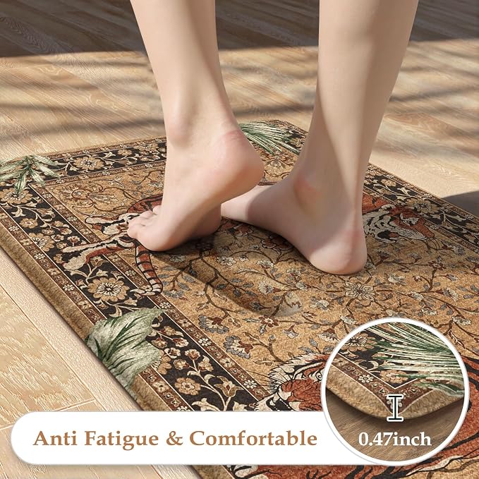 KIMODE Kitchen Mats for Floor Anti Fatigue 17"x47"+17"x29", Farmhouse Tiger Kitchen Rugs Sets of 2, Tan Rugs for Kitchen Floor, Memory Foam Standing Mats for Laundry Office Sink Desk