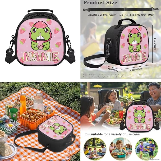 WELLFLYHOM Custom Name Strawberry Frog Backpack Set for Girls Ages 8-12 | 4Pcs Personalized School with Lunch Box, Pencil Pouch and Water Bottle Carrier for Daily Campus Use