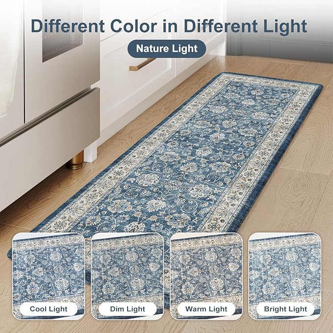 KIMODE Anti Fatigue Kitchen Mats for Floor, Boho Distressed Blue Kitchen Rugs Sets of 2, Padded Kitchen Floor Mats Non Slip, Cushioned Standing Mats for Sink, Laundry, Desk 17"x59"+17"x29"