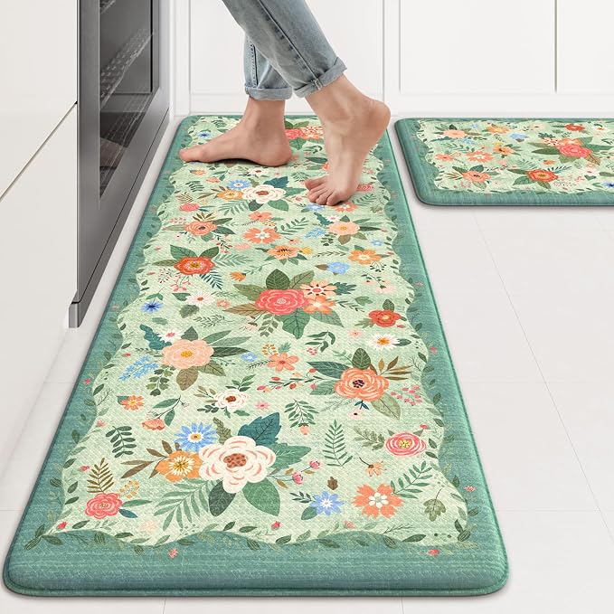 KIMODE Anti Fatigue Mats for Kitchen Floor Green Farmhouse Kitchen Rugs | 17"x47"+17"x29" Kitchen Rugs Sets of 2 Cushioned Kitchen Floor Mats Non Skid,Memory Foam Mats for Laundry Office Sink Desk