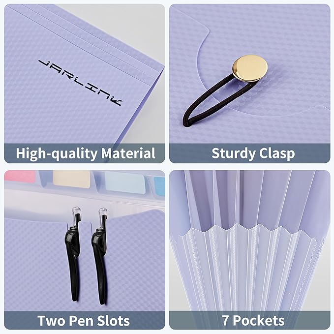 JARLINK 7 Pockets Expanding File Folder, A4 Accordion File Folders with 12 Labels, Cute Paper Organizer, Portable Document Organizer for College School Office Supplies, Macaron Blue & Macaron Pupple